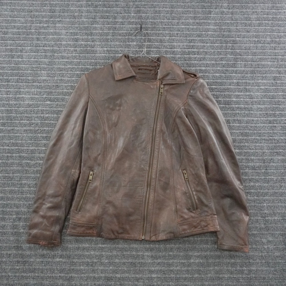 Orvis Moto Jacket Womens M Brown Soft Genuine Leather Plaid Lined Asymmetrical